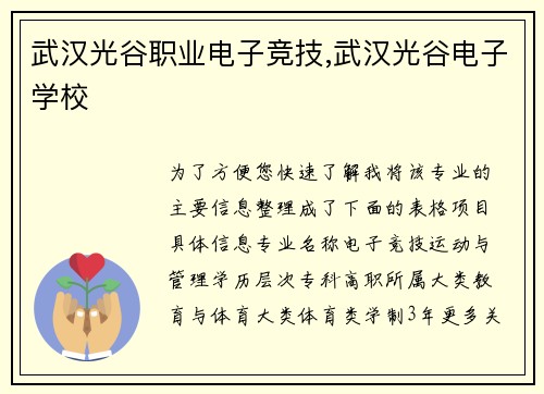 武汉光谷职业电子竞技,武汉光谷电子学校
