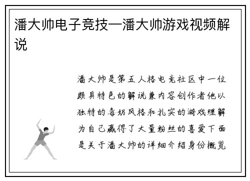 潘大帅电子竞技—潘大帅游戏视频解说